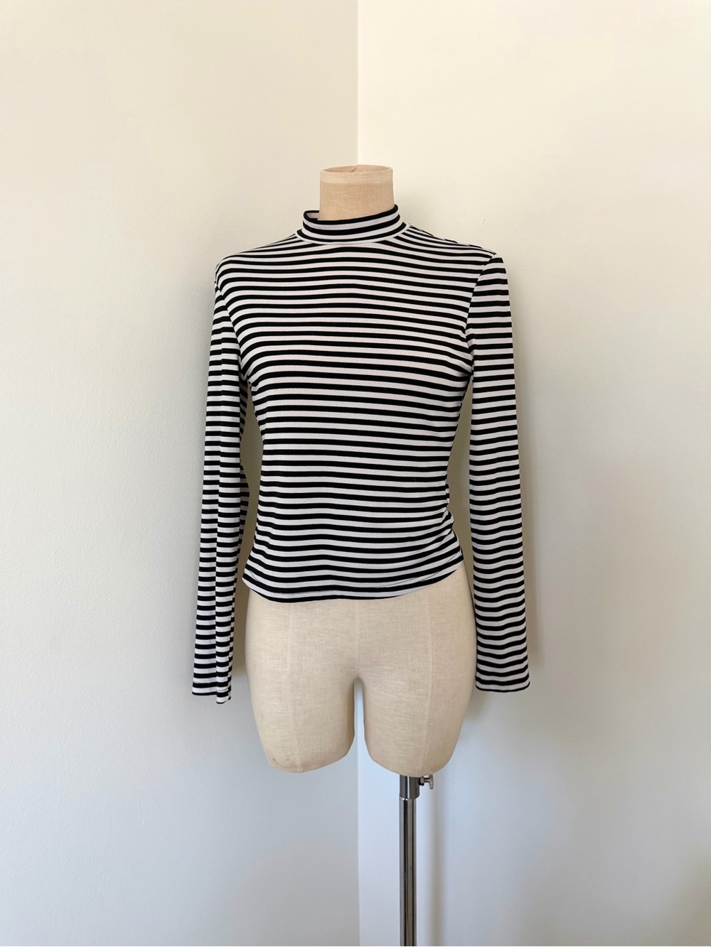 Black & White Striped Mock Neck Long Sleeve Top
